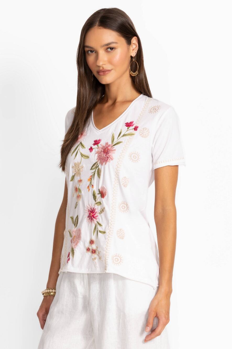 Johnny Was Floral Embroidered V-Neck Everyday Short Sleeve Tee Cotton Large